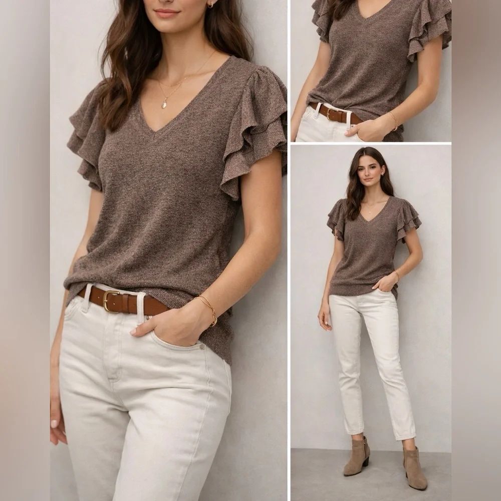 YonaBasch M Metallic Knit Top Brown  Flutter Sleeve VNeck Boho Romantic Feminine
